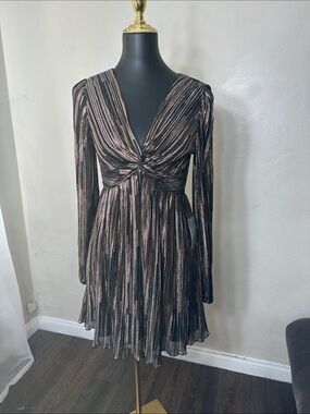 Lush Black and Bronze Metallic Twist-Front Long Sleeve Dress